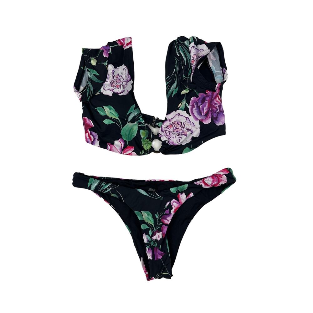 Tini Bikini - Floral Bikini Top & Bottoms in Black Purple & Green